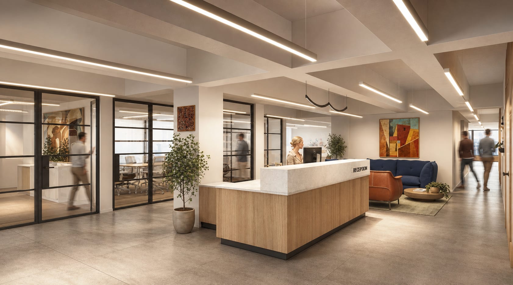 Reception rendering: wood-base stone-top reception desk, blue tufted sofa lounge, motion-blurred figures