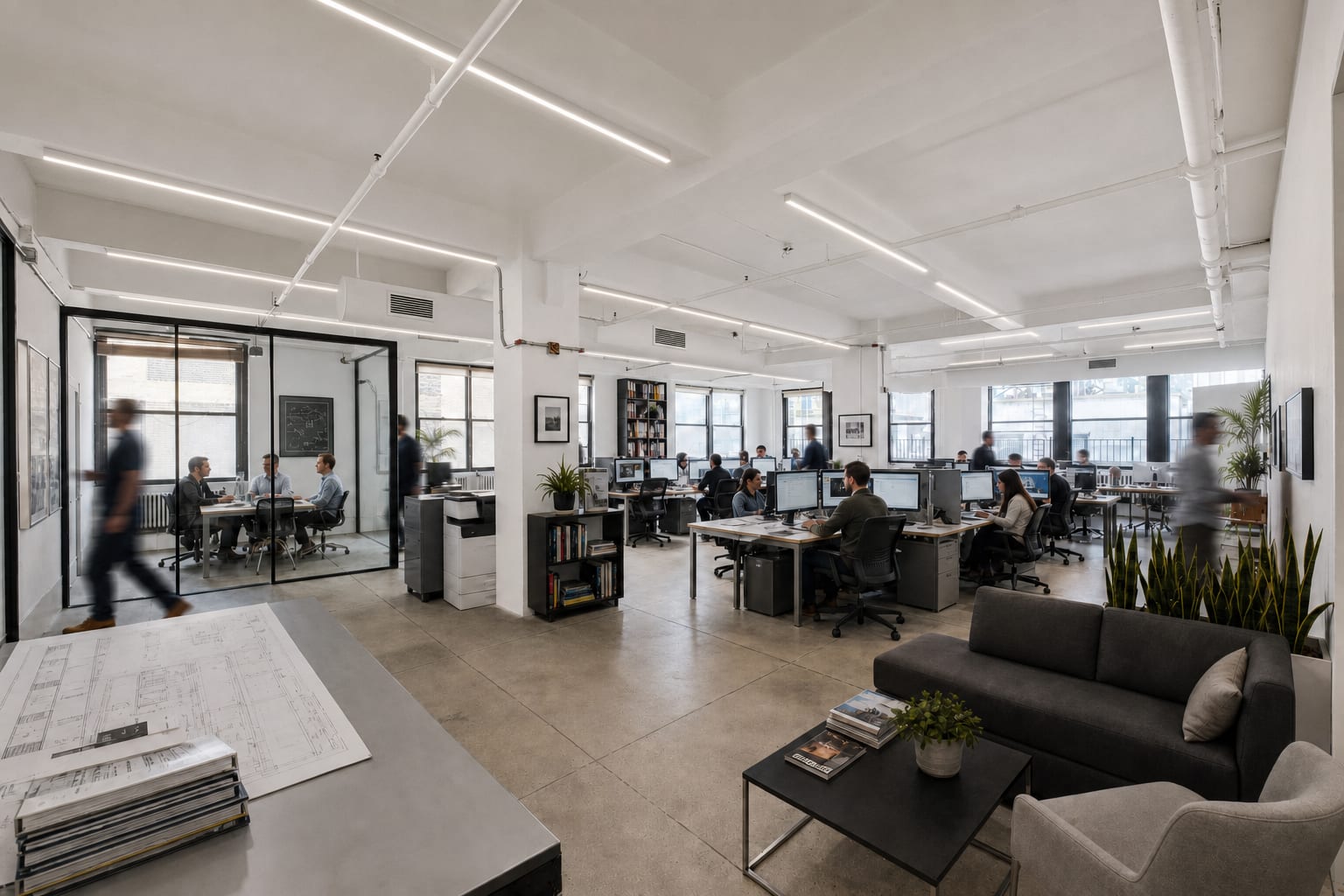 Fourteenth-floor bullpen: long shared desks, glass-walled meeting rooms, square columns, continuous back-wall windows, motion-blurred figures