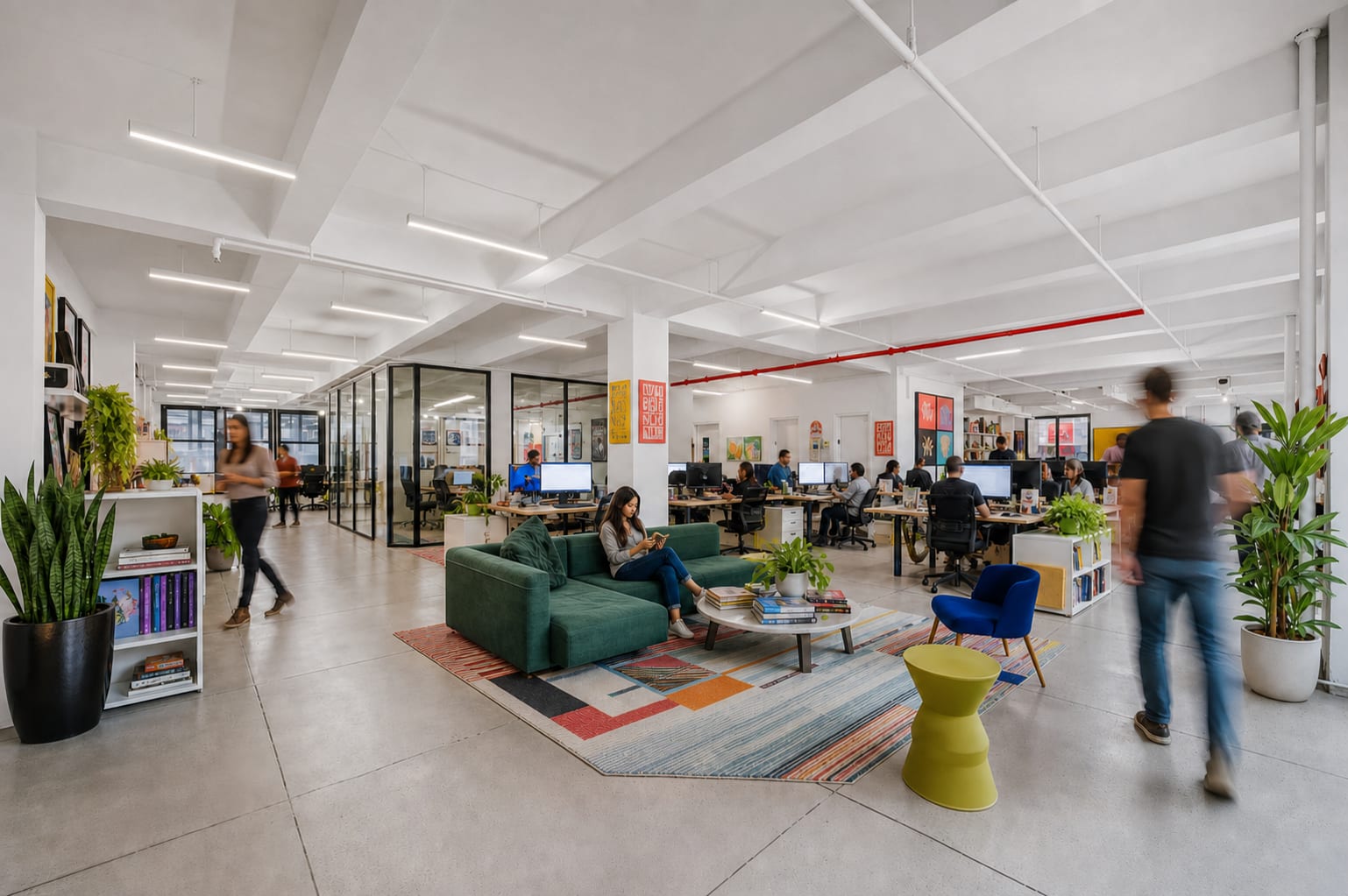 Third-floor bullpen: dense workstations, glass-walled meeting rooms, soft seating cluster, motion-blurred figures