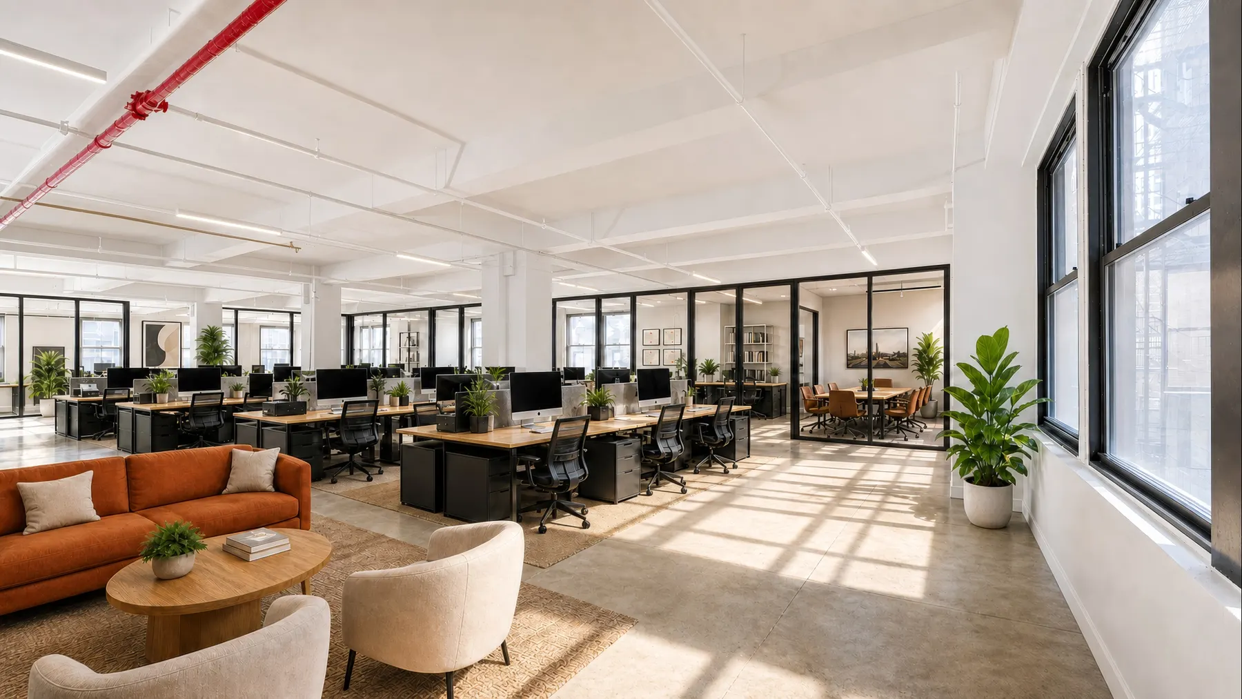 Pre-Build Spec suite: pendant-lit workstations, glass partitions, soft seating