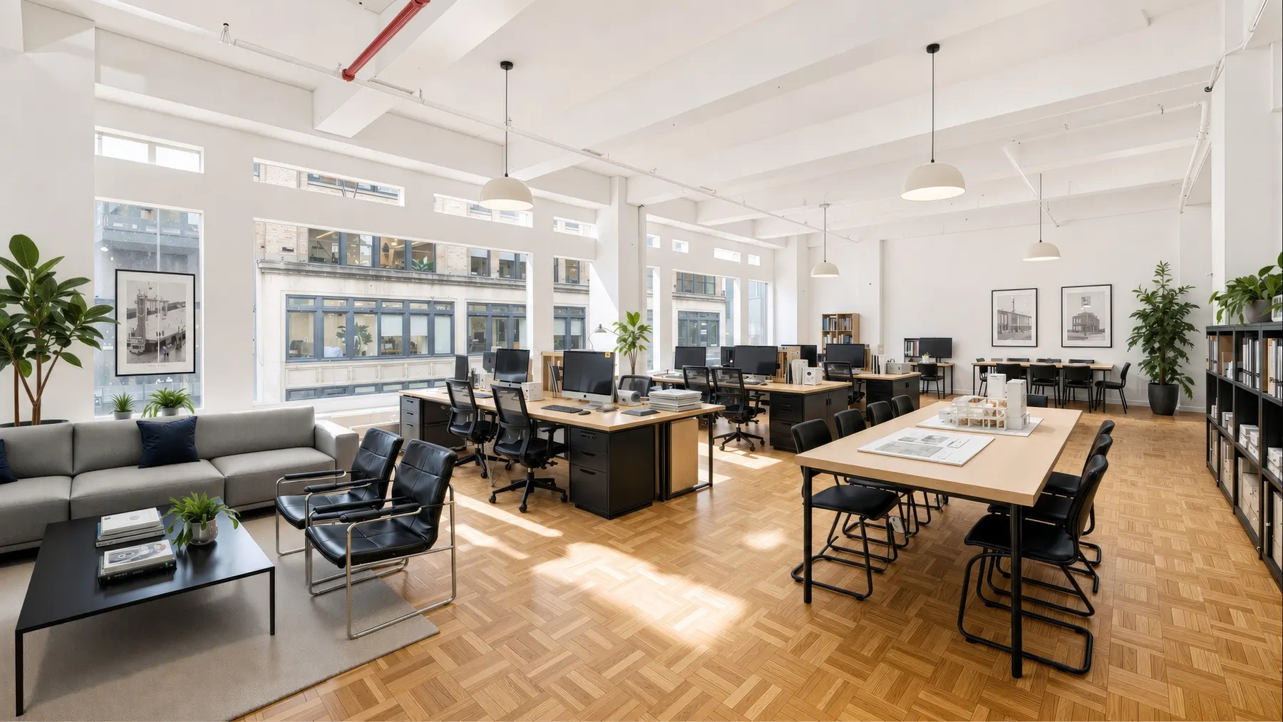 A subdivided floor: parquet, columns, daylight from multiple sides