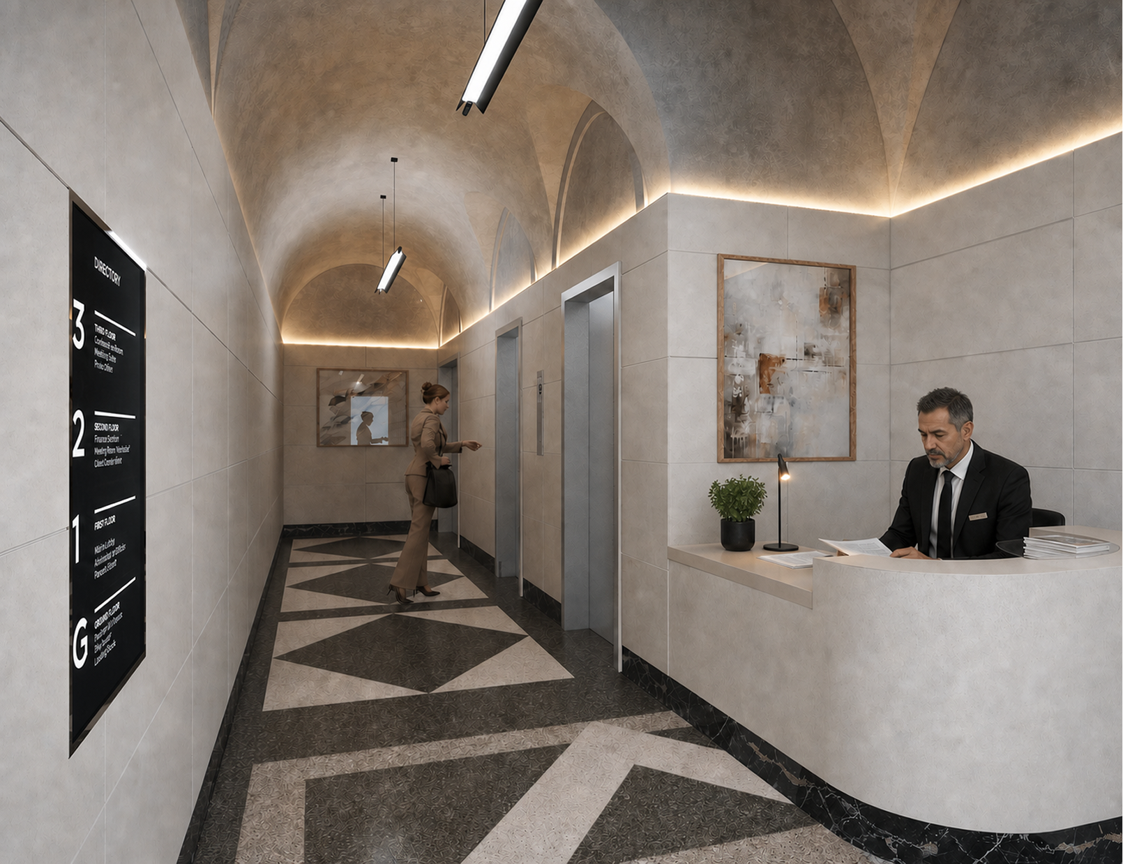 Lobby rendering at 39 W 37 — vaulted ceiling, marble floor, new wall finishes
