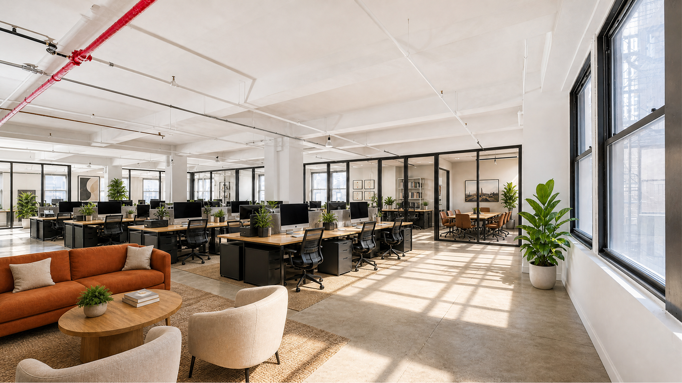 Modern pre-built spec suite at 39 W 37 — pendant-lit workstations, glass partitions, soft seating