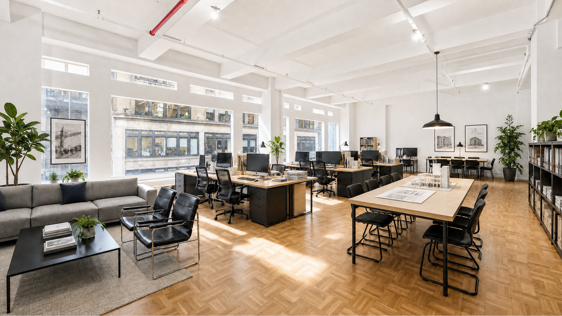 A divided floor at 39 W 37 — parquet, columns, daylight from multiple sides, sparse pre-build condition